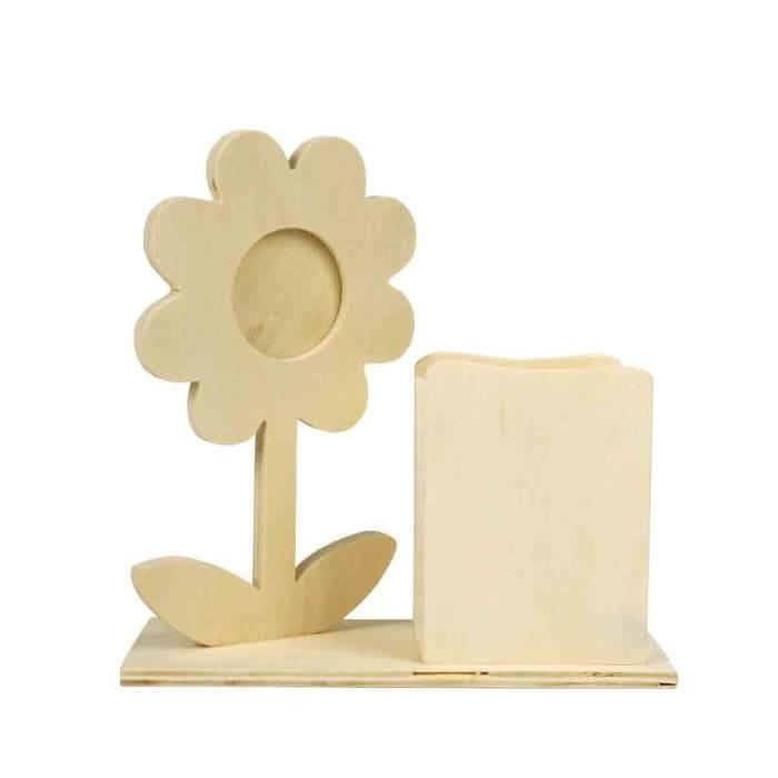 Pot à crayons avec fleur bois 14 x 14 x 6 cm - MegaCrea Beige