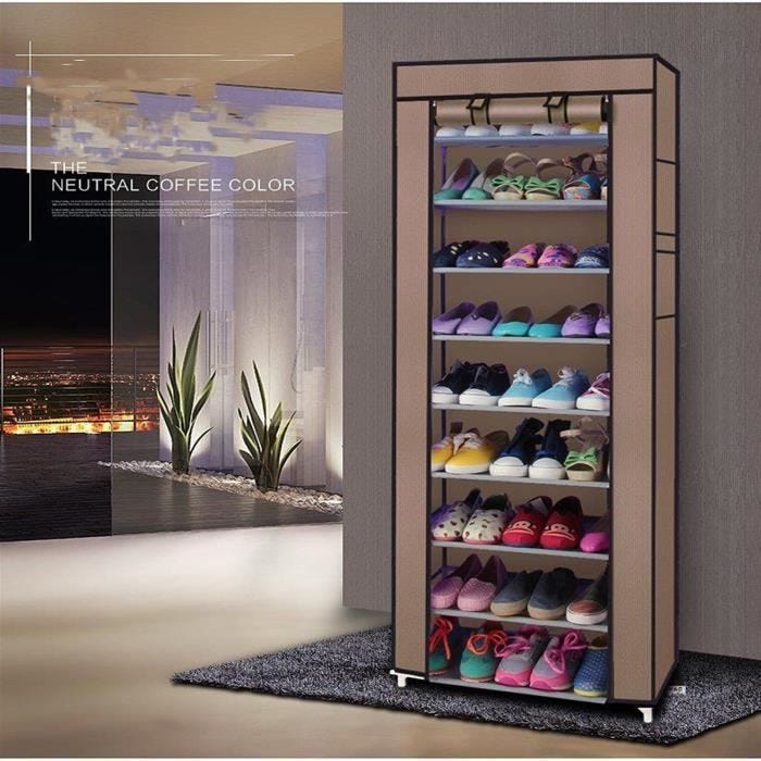 UNI Etagère à Chaussures Porte-Chaussures Meuble de Rangement 10 Couches avec Housse Café