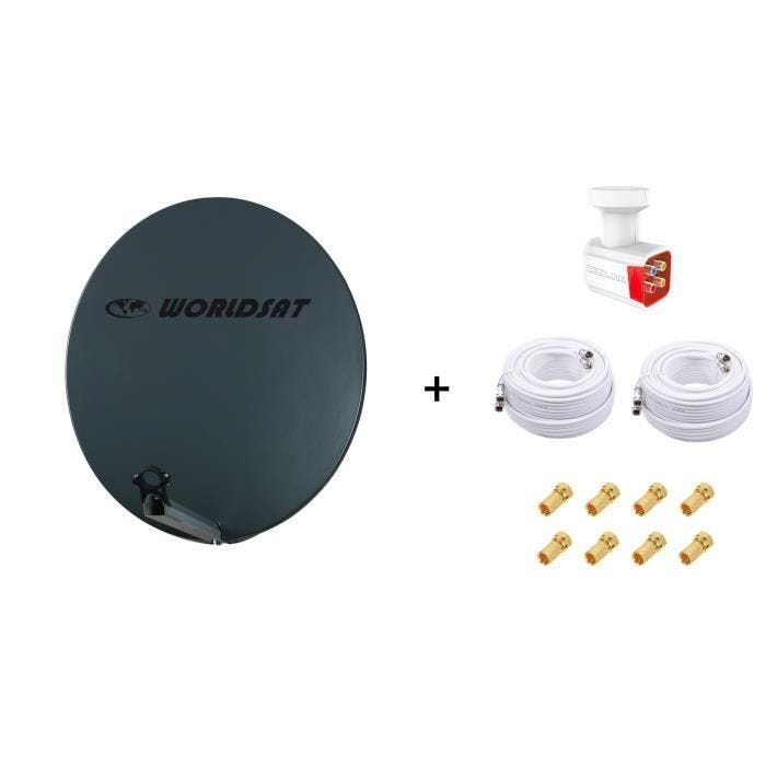 Antenne Parabole Fibre SMC 85 cm Anthracite WORLDSAT + LNB Quad 0,1dB HD 4K + 2 Câbles Coax Twin 25m + 8 Fiches F - Visserie en Ino