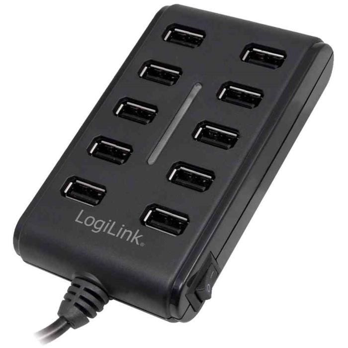 Concentrateur USB 2.0 - LogiLink - 10 ports - Protection de surintensité - Interrupteurs marche/arrêt