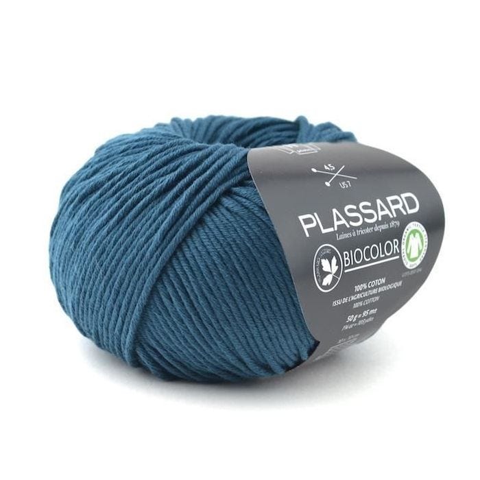Fil à tricoter - Plassard - BioColor 23 - 100% coton bio - Couleur Bleu Canard - Aiguille 4,5