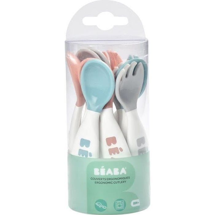 BÉABA, Set Premiers Couverts ergonomiques, 6 Cuillères et 4 Fourchettes, Manche court et arrondis, Prise en main facile pour Bébé