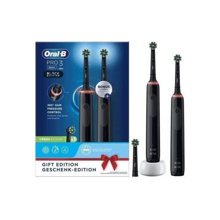 Brosse à dents électriques Oral-B Pro 3 3900 - Lot de 2 - 2 manches noirs - 3 Brossettes - Conçues Par Braun