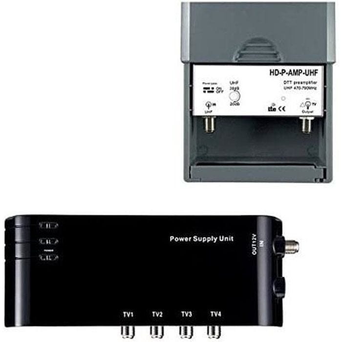KIT PRÉAMPLIFICATEUR 4/1 TV AMPLIFICATEUR + ALIMENTATION 4 SORTIES TV POUR ANTENNE TERRESTRE TNT