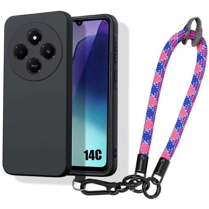Coque pour Xiaomi Redmi 14C, Antichoc Silicone Noir avec Bracelet Tricolore Amovible