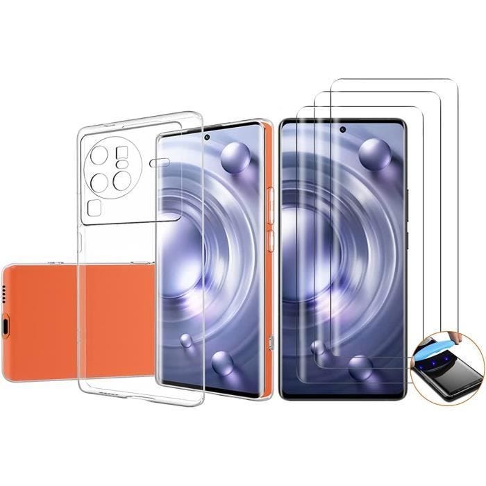 Compatible Vivo X80 Pro 5G - Coque transparente souple et 3 Films Protection écran vitre Verre trempé 3D incurvé (Colle fournie)