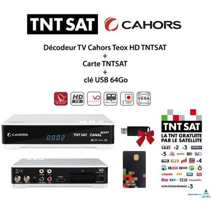 Décodeur TV - Cahors - Teox HD - TNTSAT - Carte TNTSAT - Clé USB 64Go