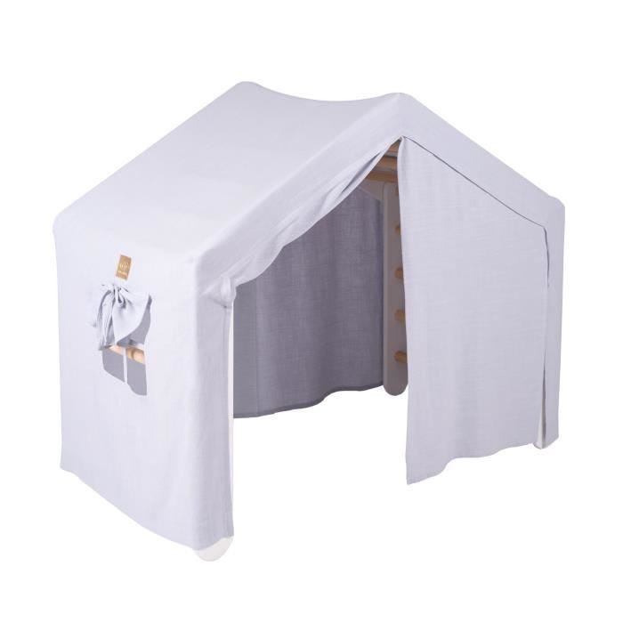 MeowBaby® Grande Maison avec échelle pliable pour enfants, 112x61x94 cm. Bois, Lin, Coton, Maison grise-bleue, Échelle blanche