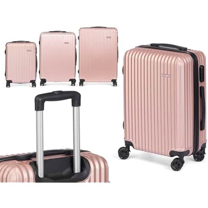 Ensemble de trois valises roses - Marque - Modèle - Coque rigide - 4 roulettes 360°