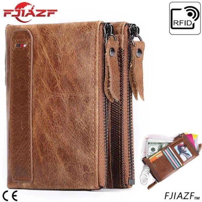 FJIAZF® Portefeuille Homme Cuir Veritable - Portefeuille Homme Avec Fermeture Eclair - Cuir De Vachette De Haute Qualité - Marron