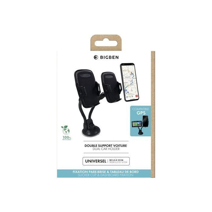 Support Voiture double support avec système de fixation Ajustable pour Pare-brise + Ventilation Noir Bigben