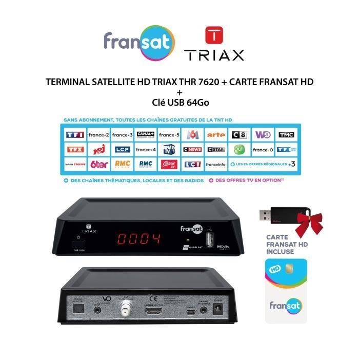 Pack TERMINAL SATELLITE HD TRIAX THR 7620 + CARTE FRANSAT HD + Clé USB 64Go