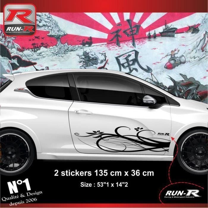 2 stickers bas de caisse pour PEUGEOT 208 FLORAL - NOIR