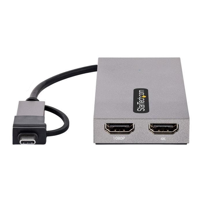 StarTech.com USB to Dual HDMI Adapter, USB A/C to 2x HDMI Monitors (1x 4K 30Hz, 1x 1080p), Integrated USB-A to C Dongle, 4in/11cm Ca