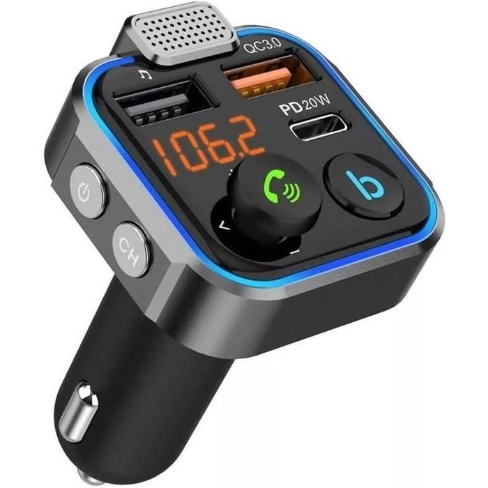 Transmetteur FM Bluetooth - 3 Ports de Chargement : x2 USB QC3.0 + x1 PD 3.0