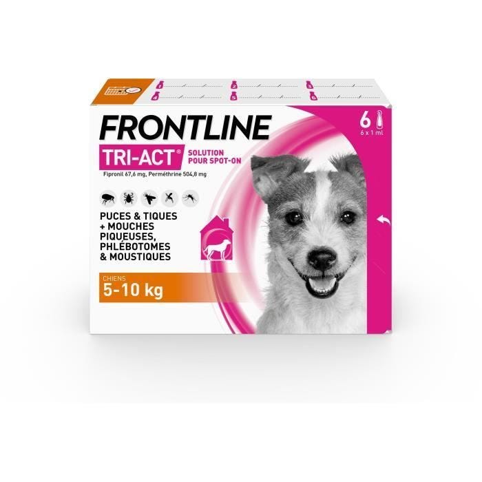 FRONTLINE 6 Pipettes Tri-Act Chiens S - 5 à 10 kg -puces, tiques, moustiques, phlébotomes et mouches piqueuses