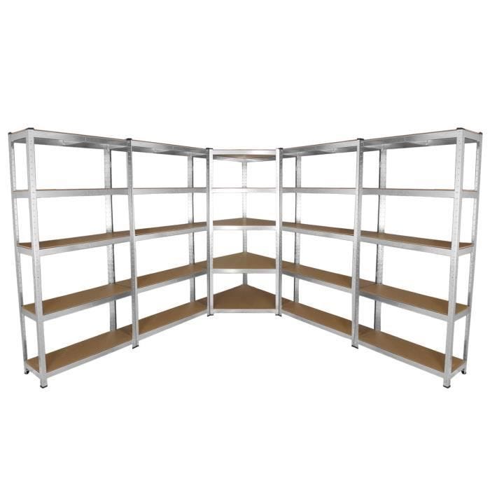 Lot de 4 Etagères de Rangement de 90cm & 1 Etagère d’Angle Galwix, Ensemble de Rayonnages de Garage Fini Acier Galvanisé
