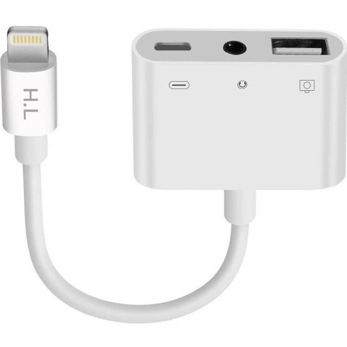 Adaptateur - Apple - Lightning vers USB et Jack 3.5mm - Blanc - Transfert de données - Chargement
