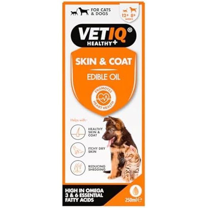 Huile Comestible - VETIQ - Skin & Coat - Pour Chats et Chiens - Acides Gras Oméga 3 et 6 - Vitamine E