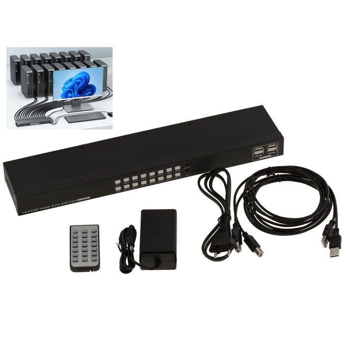 KVM Switch Automatique Souris Clavier Ecran 16 PC - HDMI 4K / USB - Avec télécommande, cordons, alimentation et équerres pour rack