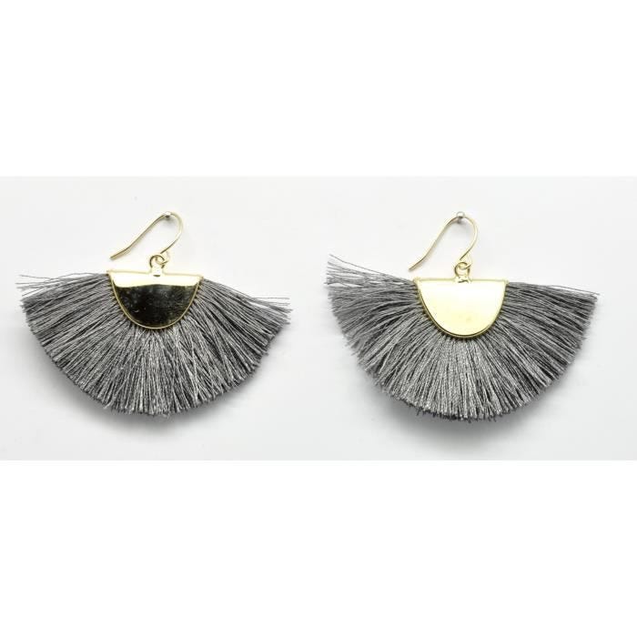 Boucles d'oreille - CMLPB - Pompon Gris - Pendant - Crochet - 4,5 cm de long