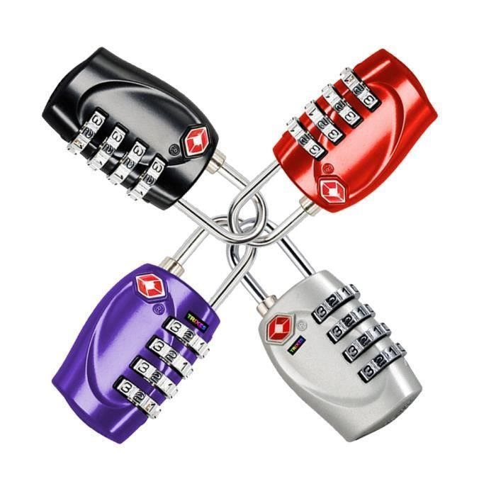 Cadenas - TRIXES - Paquet de 4 - Code à 4 Chiffres - TSA - Couleur Noir, Silver, Red, Violet
