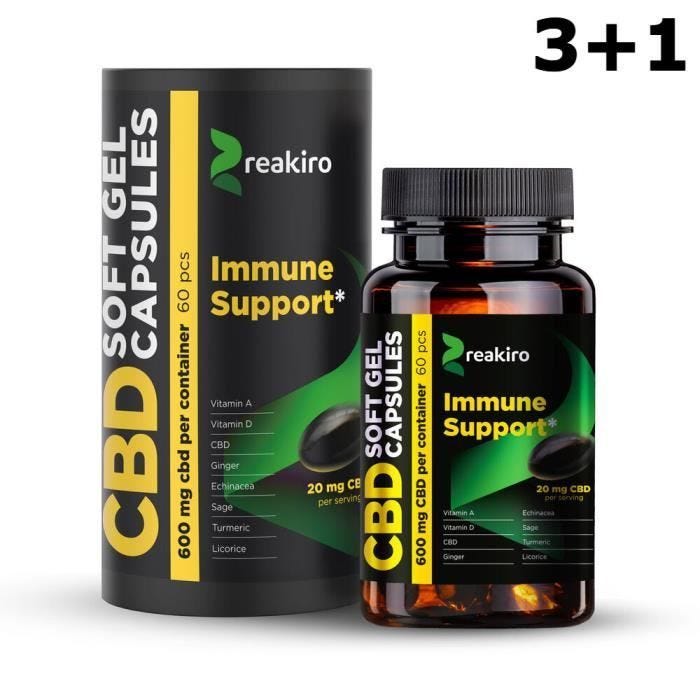 Lot de 4 x 60 Gélules CBD Reakiro Full Spectrum (4 x 600mg), Immune Support. Ingrédients 100% naturels.