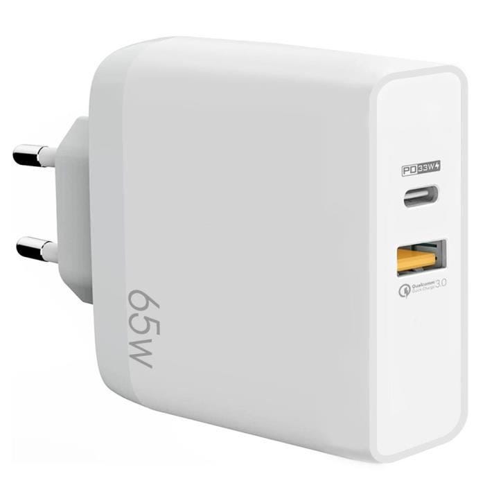 Chargeur Rapide 65W Adaptateur 2 Ports - PD USB-C 33W + QC 3.0 USB-A pour realme C25Y 21Y C21 C20 C11