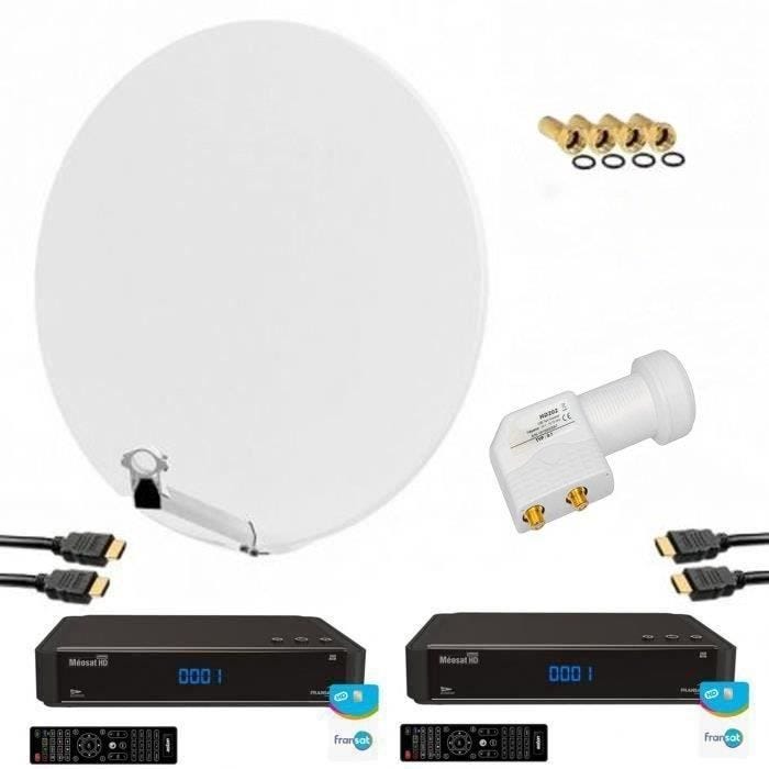 HDME KIT PARABOLE SATELLITE FIBRE BLANCHE 85CM + LNB TWIN + 2X RÉCEPTEURS TV FRANSAT AVEC CARTE