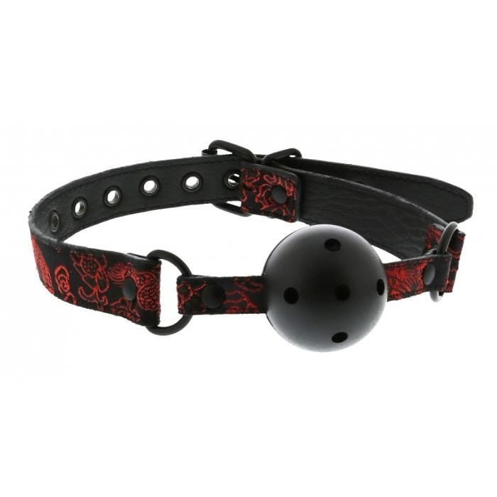 Breathable Baillon Boule Simili Cuir et Brocard Rouge Noir