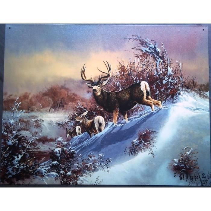 plaque avec des cerfs dans la neige tole déco nature pub usa