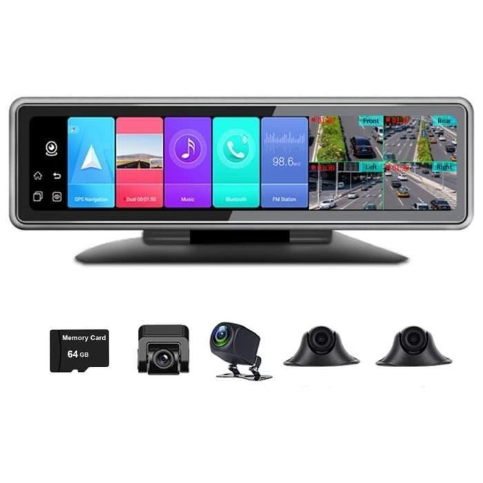 Caméra de recul + Ecran Panoramique 12 Pouces - Android DVR 4G 360° WiFi GPS Bluetooth Rétroviseur T88 - 4 cameras