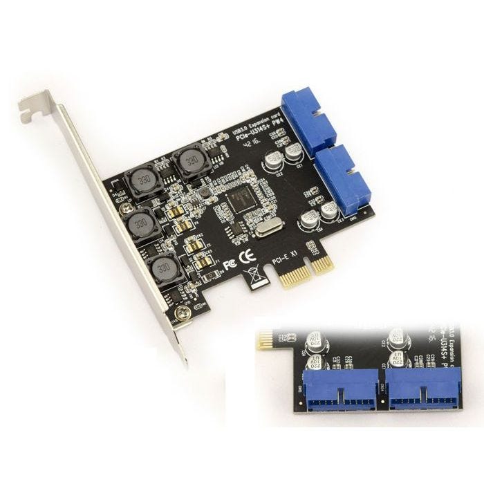 Carte PCI Express PCIe vers USB 3.0 2 ports internes USB3 19 POINTS 5G avec Chipset NEC. Equerres Low et High Profile fournies