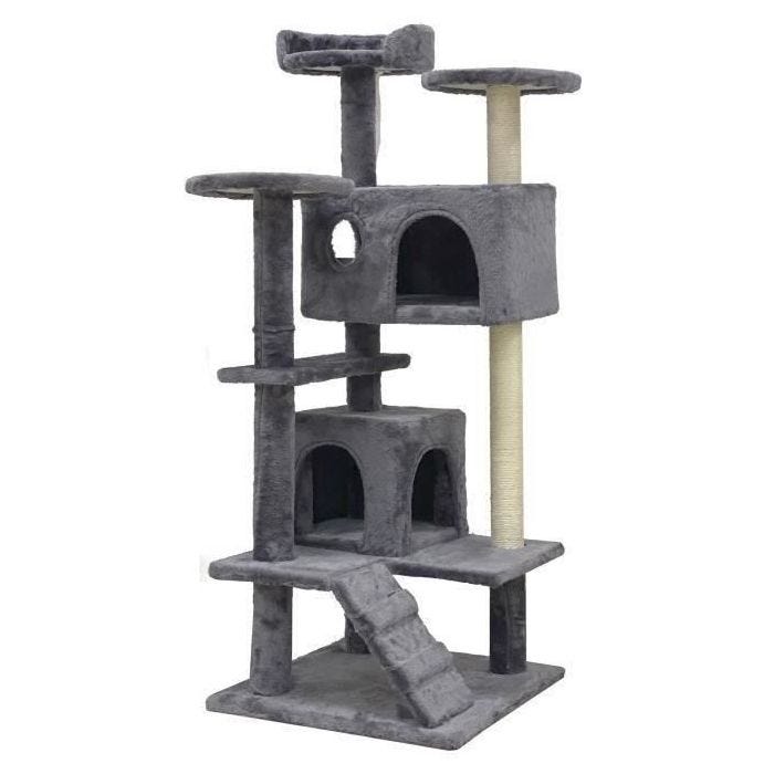 SUZI - Arbre à chat gris 50 x 50 x 125 cm 5 plateformes – 2 niches – 1 escalier et poteaux à griffer