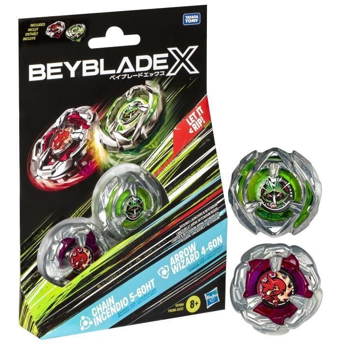 Beyblade X Dual Chain Incendio 5-60HT et Arrow Wizard 4-60N, Pack de toupies détachables, Dès 8 ans