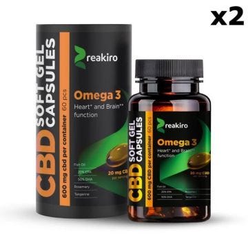 Lot de 2 x 60 Gélules CBD Reakiro Full Spectrum (2 x 600mg), Omega 3. Ingrédients 100% Naturels.