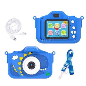 Appareil Photo Numérique Dinosaure pour Enfants 1080P Caméra Avant/Arrière & Jeux - Bleu