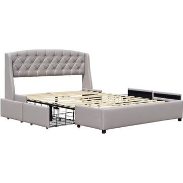 iris - Solide et Confortable Lit 160x200 avec Sommier avec 4 tiroirs Tete de lit Couleur GRIS Pieds en 4 cm - 2 x 1