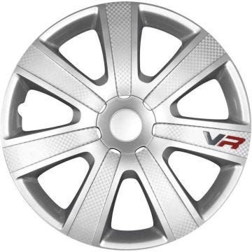 Enjoliveurs 13p - 4RACING - Carbon Look - Couleur Argent - Lot de 4 - Diamètre 13 pouces