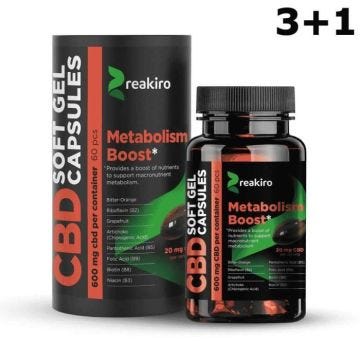 Lot de 4 x 60 Gélules CBD Reakiro "Metabolism Boost" (4 x 600mg). Promo : 3 boîtes achetées = 1 boîte offerte.