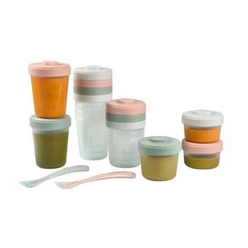 BÉABA - Lot 12 Portions Conservation et 2 Cuillères Silicone - Pack 1er Repas - Eucalyptus