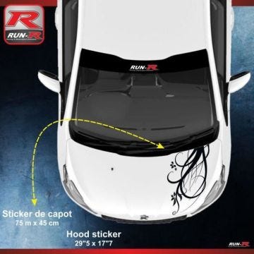 1 sticker capot pour PEUGEOT 206 207 et 208 - FLORAL - NOIR