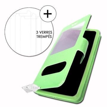 Super Pack Housse pour Panasonic Eluga Ray 800 Extra Slim 2 Fenêtres éco cuir + 3 Verres de protection Haute Transparence VERT