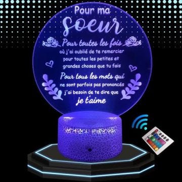 Lampe de Chevet 3D LED Message soeur , idée cadeau amour soeur, Veilleuse changement de Couleurs, Tactile , Noël Anniversaire
