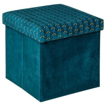Pouf pliant en velours ATMOSPHERA - Liam - Bleu canard - Intérieur - Vintage - 38 cm