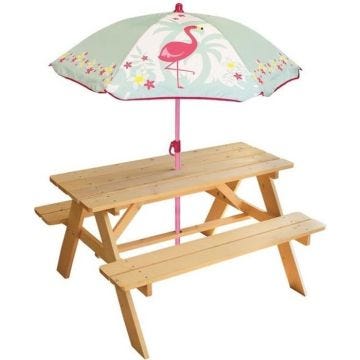 Table de Pique-nique pour Enfant - FUN HOUSE - FLAMANT ROSE - Bois - Avec Parasol