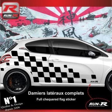 Stickers - PEUGEOT - 208 - DAMIER GEANT - NOIR - Lot de 2 autocollants bas de caisse