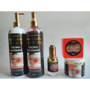 Gamme complète gluta tomato, lait 500,ml, gel douche nettoyante 500ml, sérum, savon 200g et crème visage très concentré et éclaircis