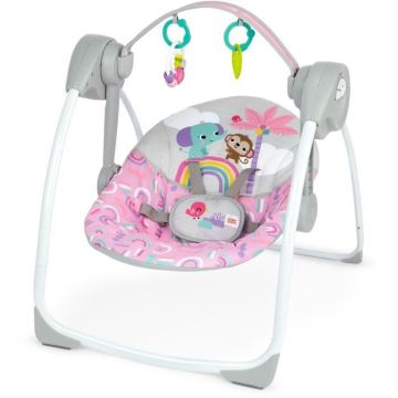 BRIGHT STARTS Balancelle bébé électrique compacte – Animaux, rose, 6 vitesses balancement, 10 chansons, 2 position d'inclinaison