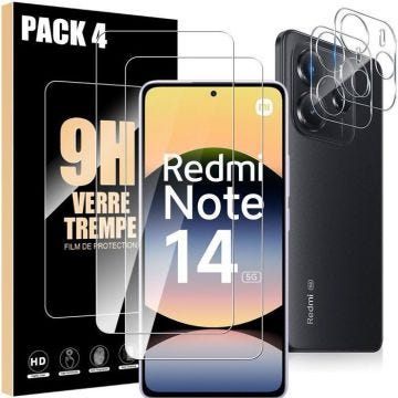 2 Verres Trempés Ecran et 2 Protections Caméra pour Xiaomi Redmi Note 14 5G (pas pour 4G) Anti-Rayures